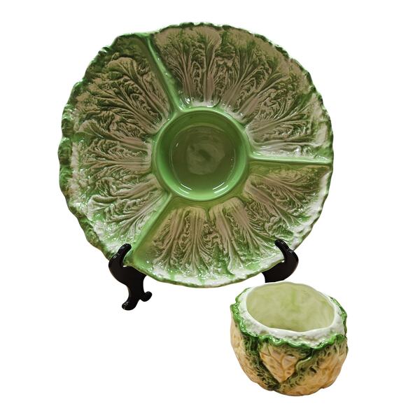 Shafford Org 1982 Green Cabbage Lettuce 4 Part Relish Plate 13" D with side dish - Picture 1 of 6